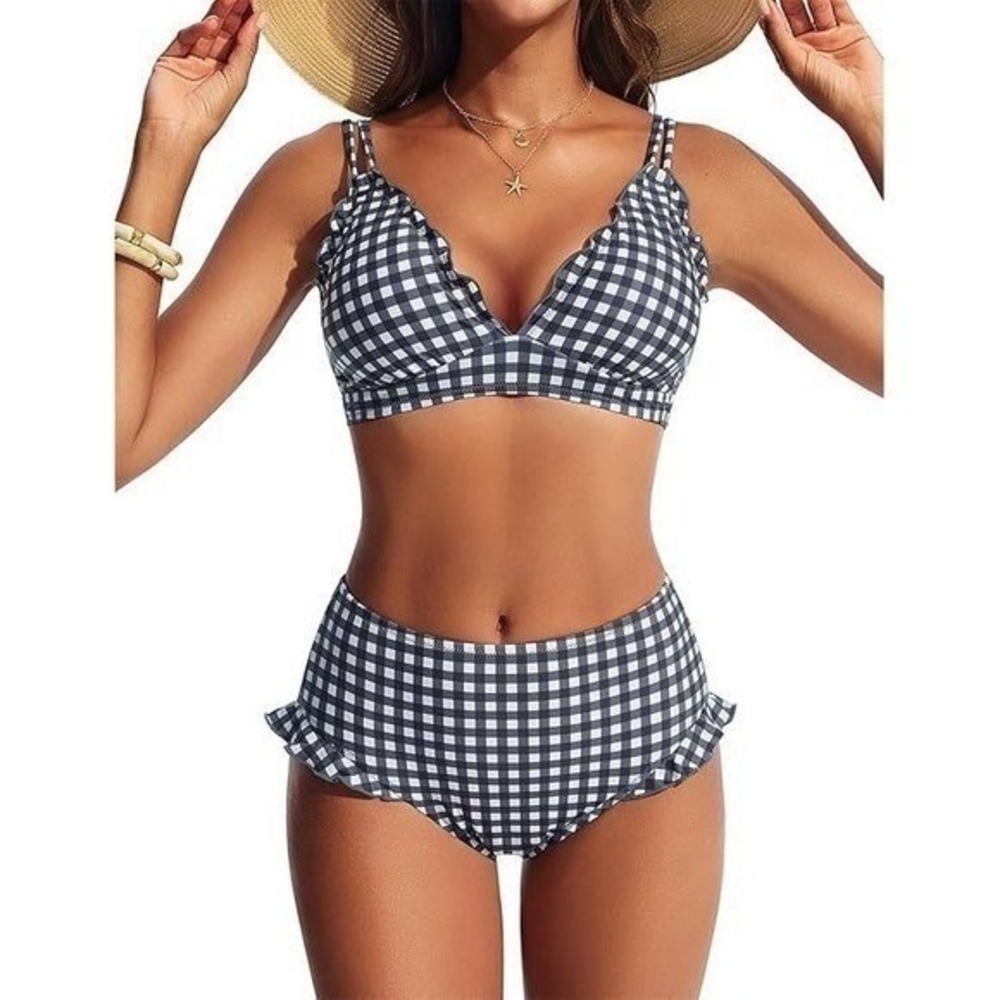 Hanna Nikole Black White Gingham Ruffle High Waist Retro Bikini NWT Medium
